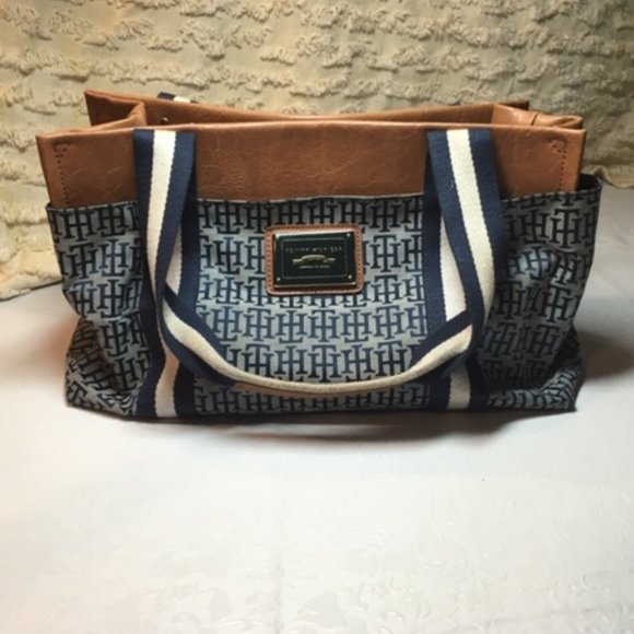 Tommy Hilfiger Handbags - Tommy Hilfiger Signature Logo Cloth/Faux Leather Satchel Handbag Tote